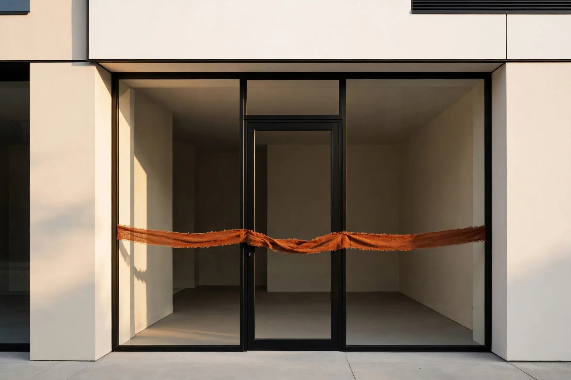 A shopfront with a ribbon across the door
